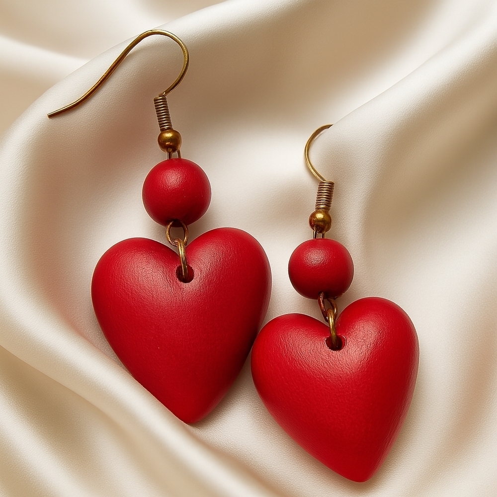 Red Wooden Heart Drop Earrings – Gold Beaded Dangle Statement Jewelry For Women